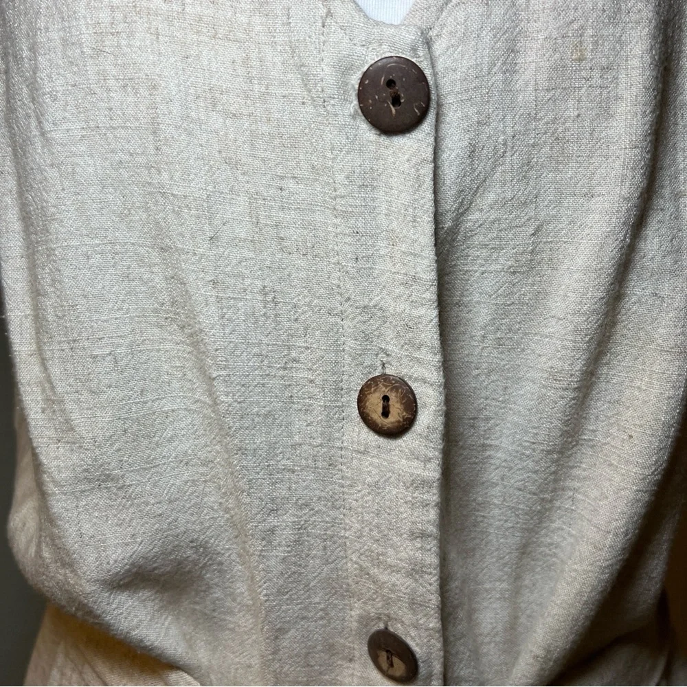 Women’s‎ Beige Linen Sleeveless Romper with Button Accents Tie Waist Size Large - Picture 10 of 14